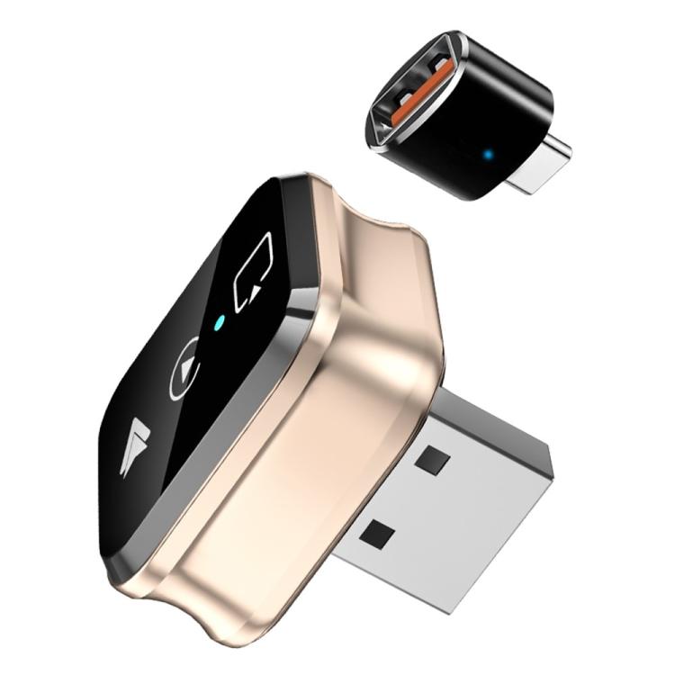 Compact 4-in-1 car screen mirroring adapter, gold body and black top with USB plug