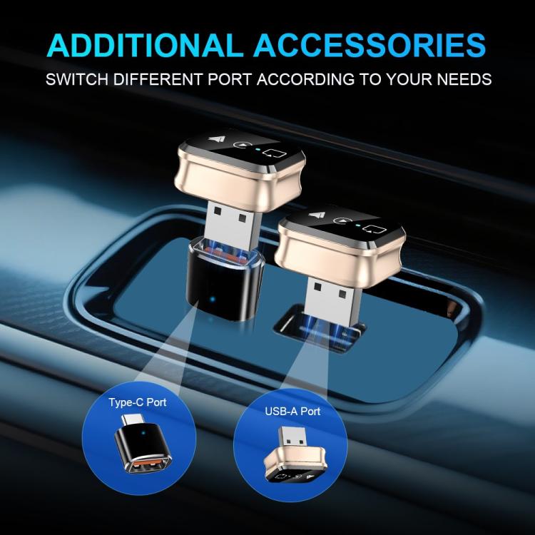 Gold and black screen mirroring adapter with USB and Type-C accessory ports