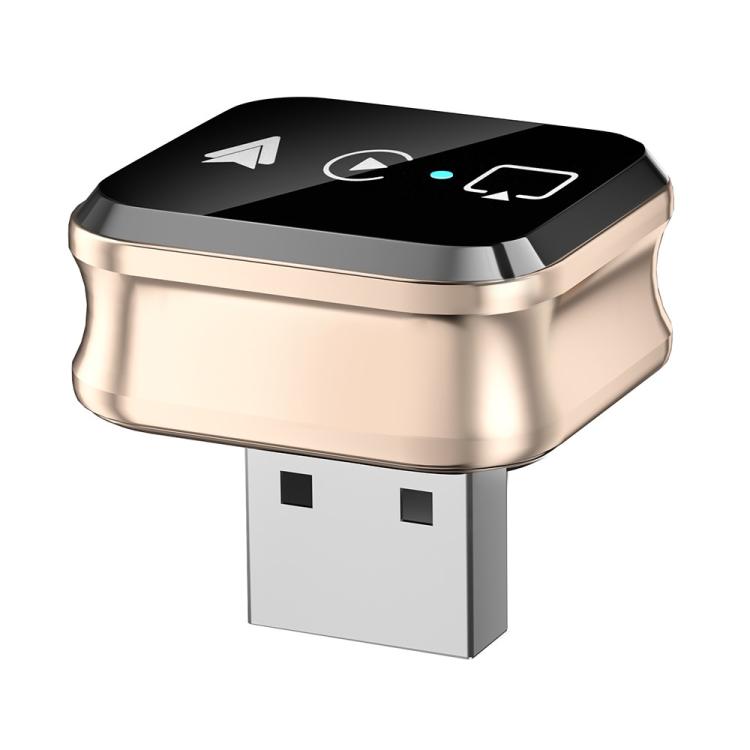 Gold and black screen mirroring adapter with USB plug and status light
