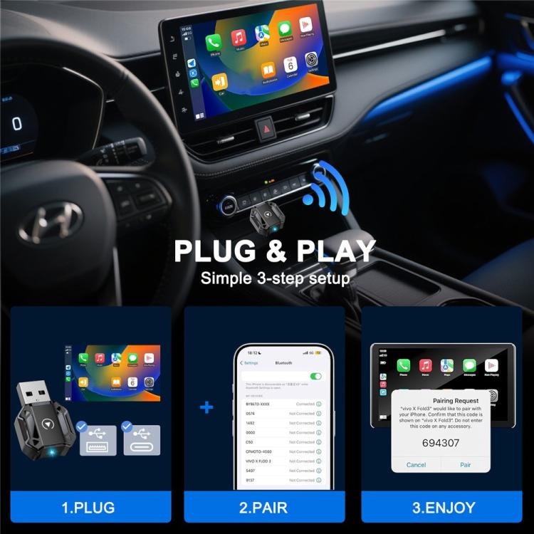 Black M36 wireless adapter connected in car console with blue Wi‑Fi signal
