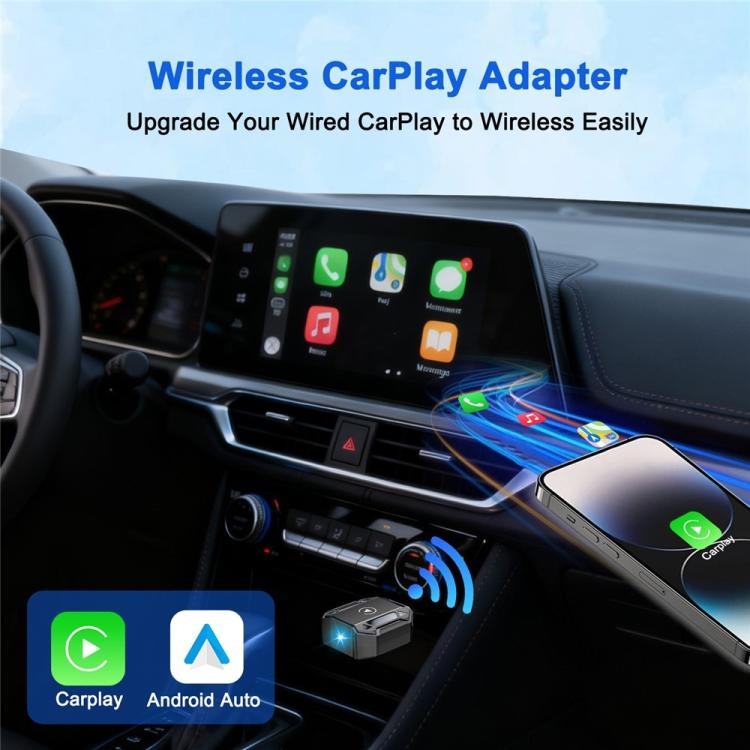 M36 wireless adapter connected near dashboard, with smartphone display and signal