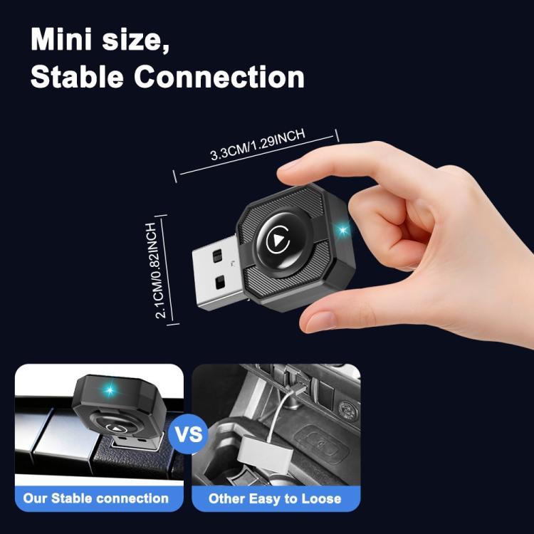 Mini wireless car adapter with USB-A connector, held by a hand, dark gray