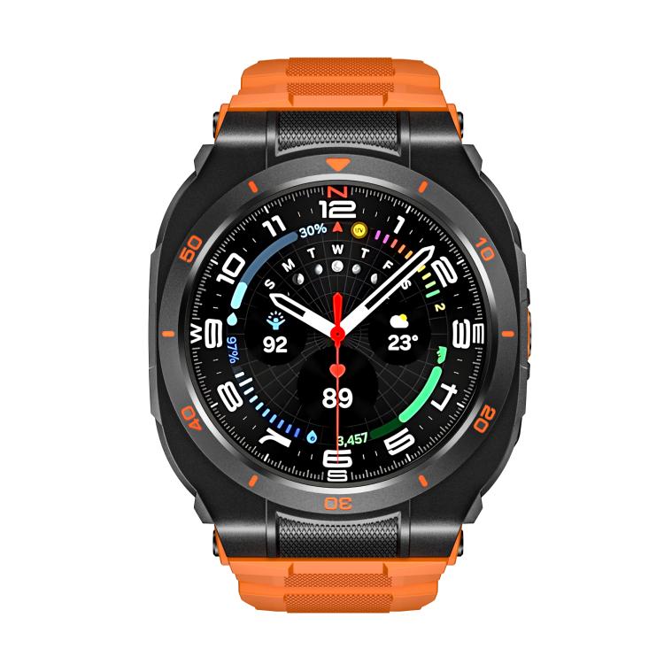 Front view of Galaxy Watch Ultra with black case and orange band