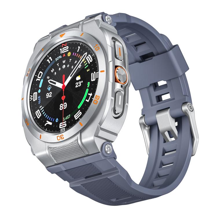 Galaxy Watch Ultra with silver case and blue-gray silicone band