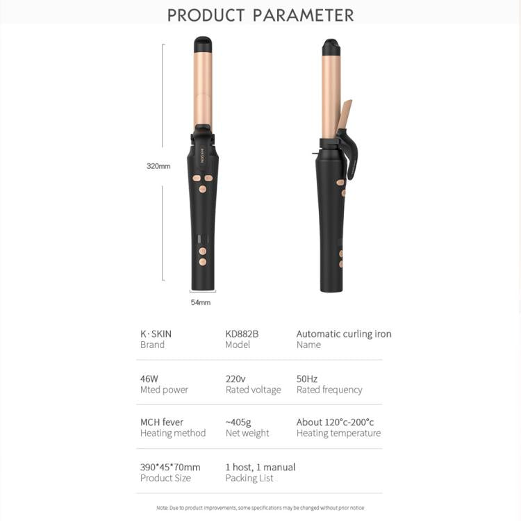 Automatic rotating hair curler product dimensions showing gold barrel and black body