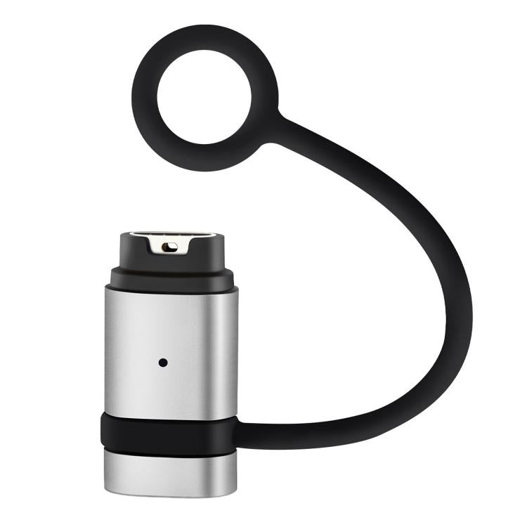 Garmin watch charging adapter with black anti-loss loop and silver metal body