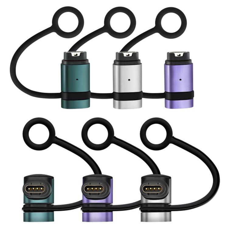 Garmin charging adapters in teal, silver, and violet, shown in straight and curved styles