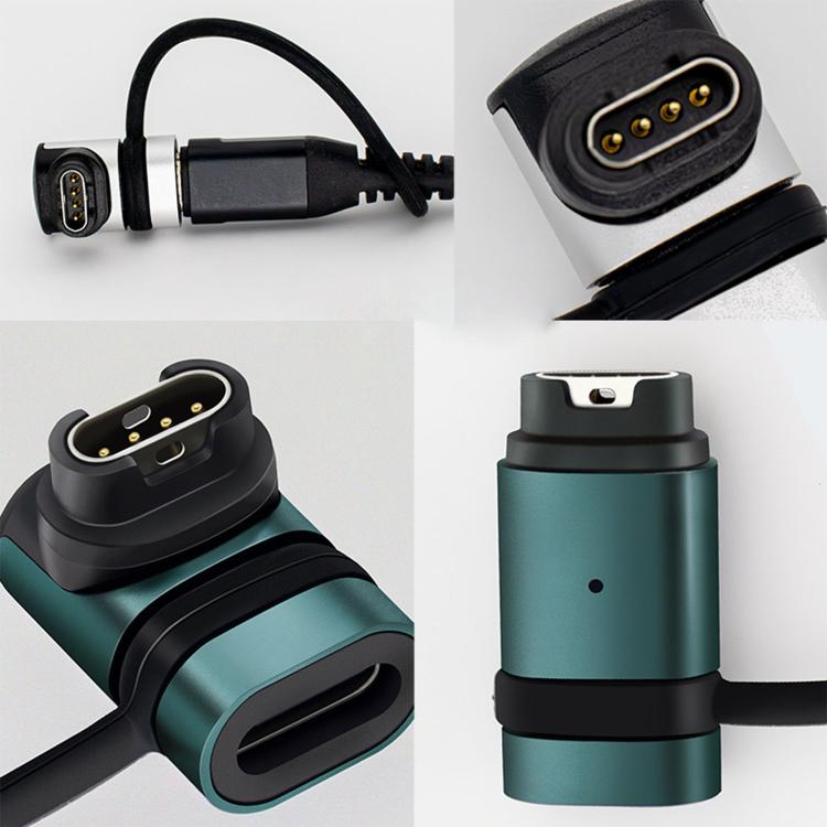 Garmin watch charging adapter shown with straight and L-shaped connectors.