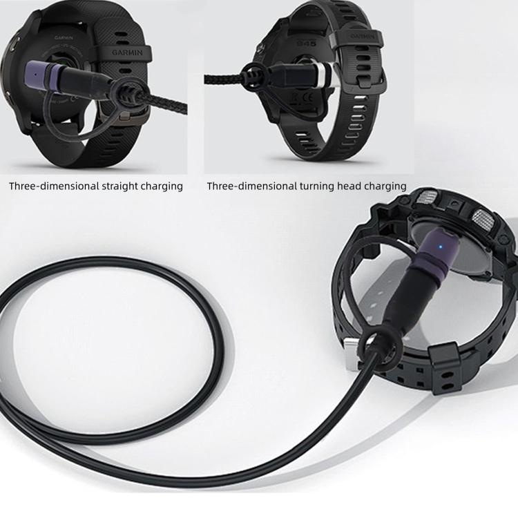 Garmin watch charging adapter with violet metal housing and a black cable loop.