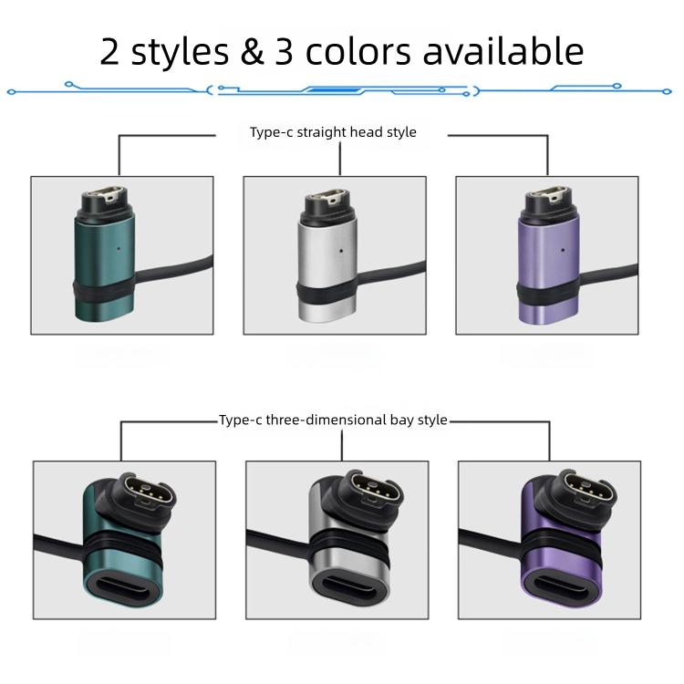 Garmin charging adapter options in teal, silver, and violet, with straight and curved ends
