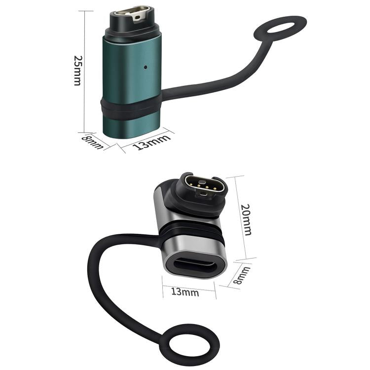 Garmin charging adapter in teal with anti-loss loop, shown with dimensions and curved-end style