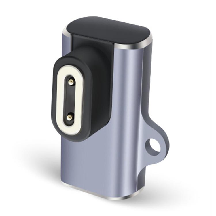 Metal magnetic watch charger adapter in grey with two charging contacts and a lanyard hole
