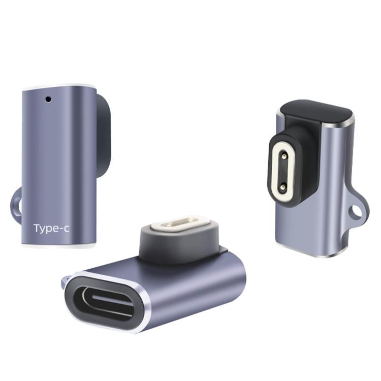 Metal watch charger adapter shown from three angles, with USB-C port and magnetic contacts