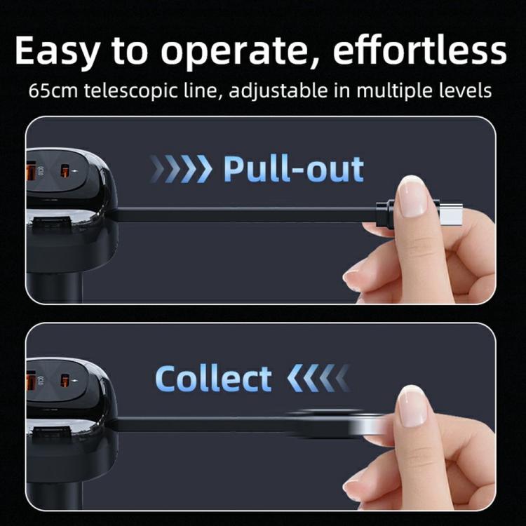 Black car cigarette lighter charger with pull-out telescopic cable operated by hand