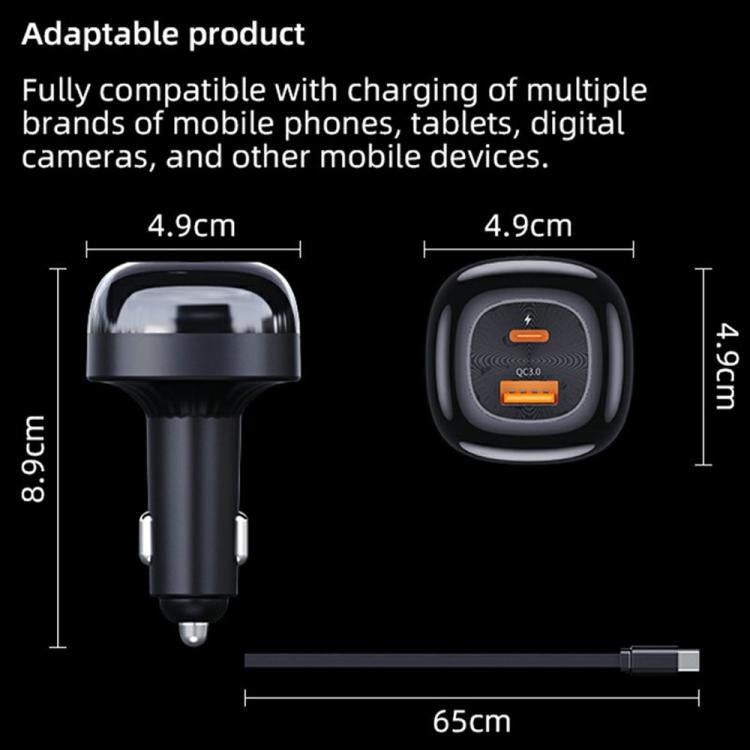Black compact car charger with telescopic 65cm pull-out cable and dual connectors