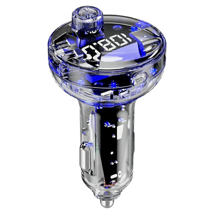 Transparent blue car MP3 player charger with digital LED display and knob