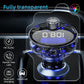 Transparent car MP3 player with glowing LED ring, digital screen, and charging ports