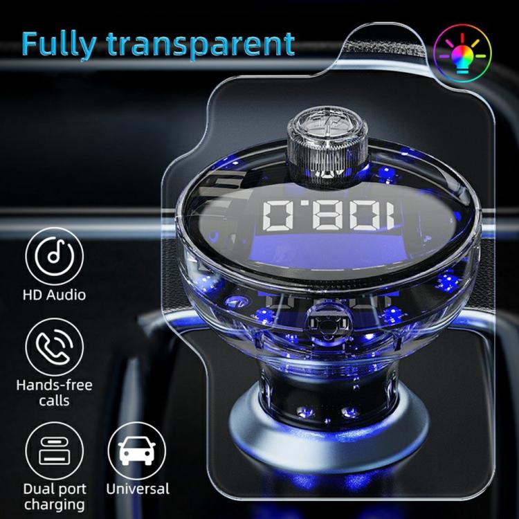 Transparent car MP3 player with glowing LED ring, digital screen, and charging ports