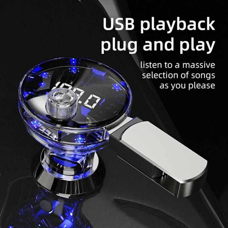 Car MP3 player with plug end and blue LED digital display, plug-and-play design