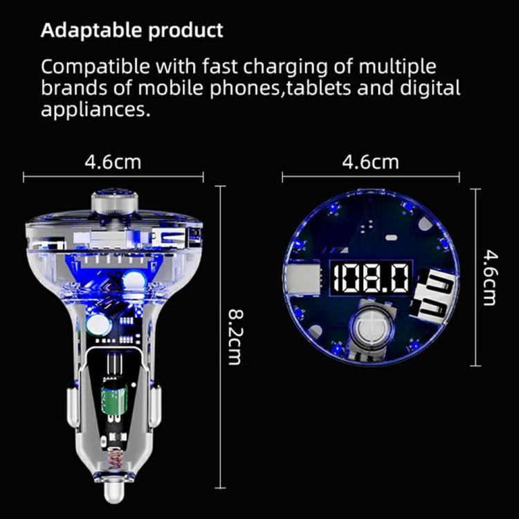 Car MP3 player with size diagram, round control dial, and blue LED digital screen