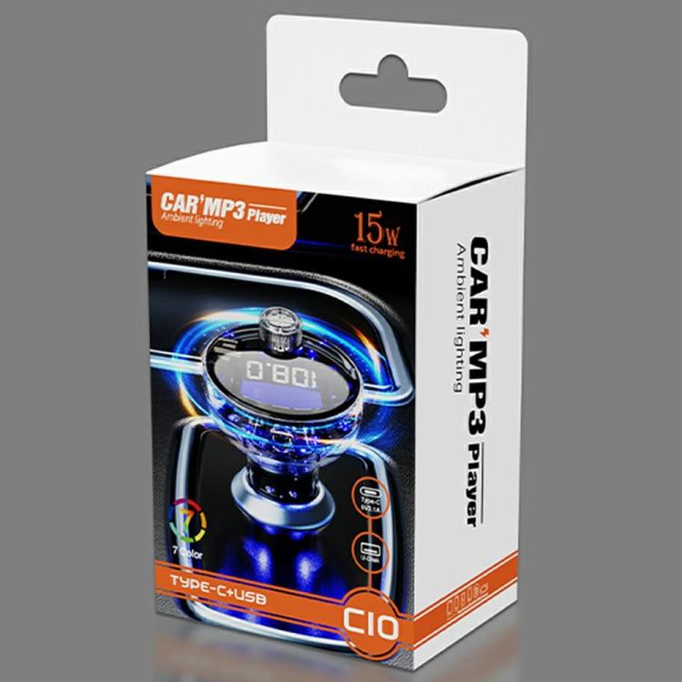 C10 car MP3 player packaging box showing the transparent blue charger device
