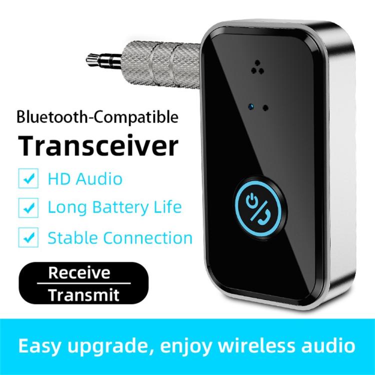 Bluetooth 5.3 transceiver adapter with 3.5mm audio plug, black front and silver body