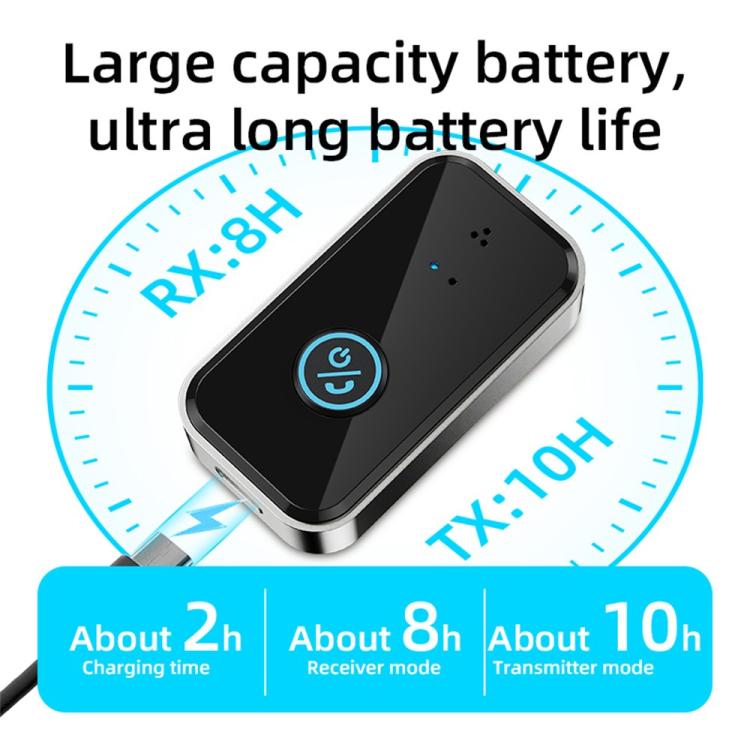 Wireless Bluetooth audio transceiver adapter, black top with circular power button, silver frame