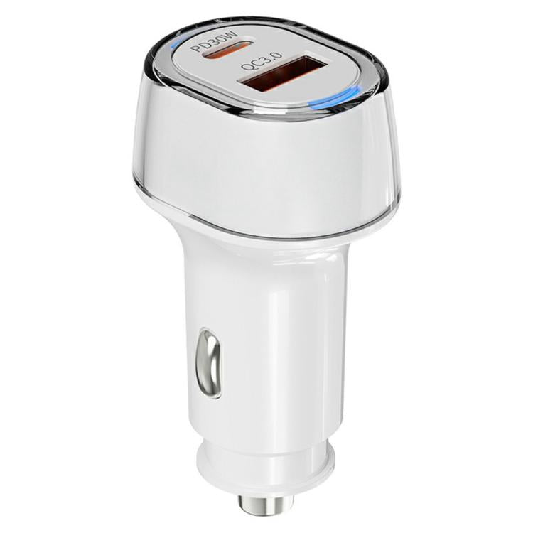 White dual-port car charger with Type-C PD and USB QC3.0, circular LED ring