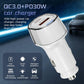 White dual-port car charger angled view with blue-ring LED