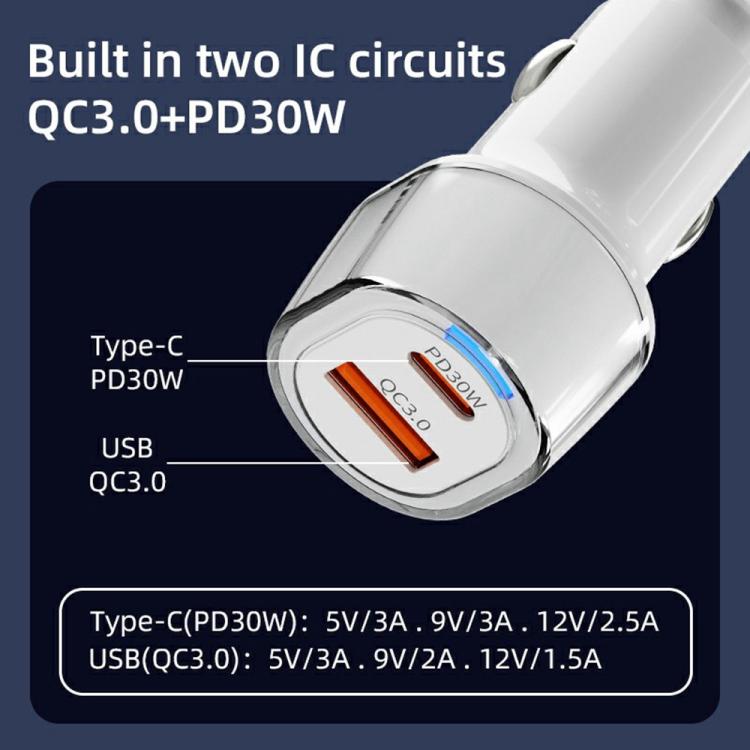 Type-C PD30W and USB QC3.0 dual-port car charger with circular indicator ring