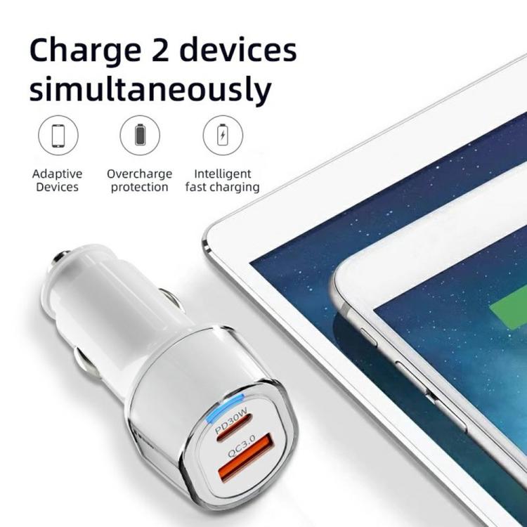 White dual-port car charger with chrome collar and side plug, compact body