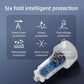 White dual-port car charger with safety protection circuit graphic, compact body
