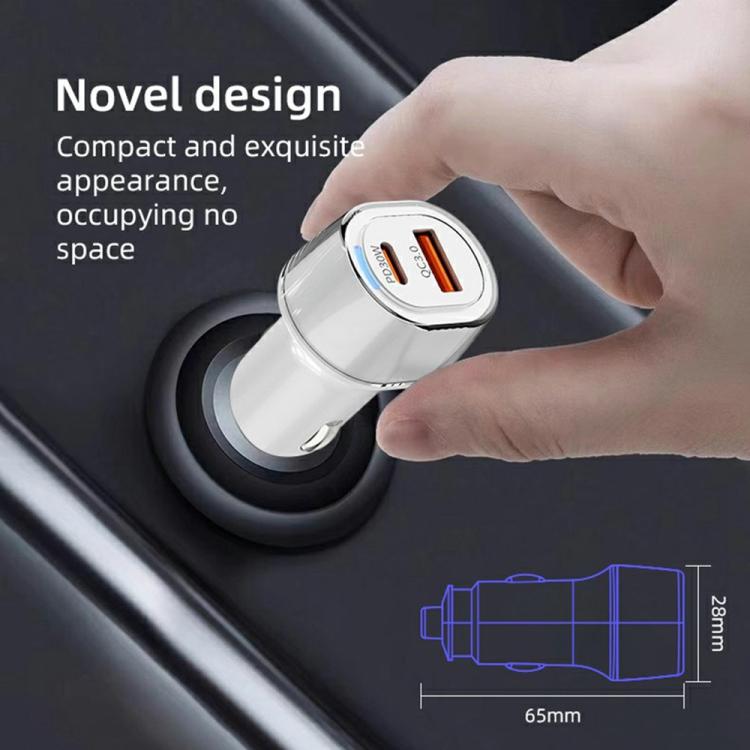 White dual-port car charger held in hand, circular LED ring and side plug