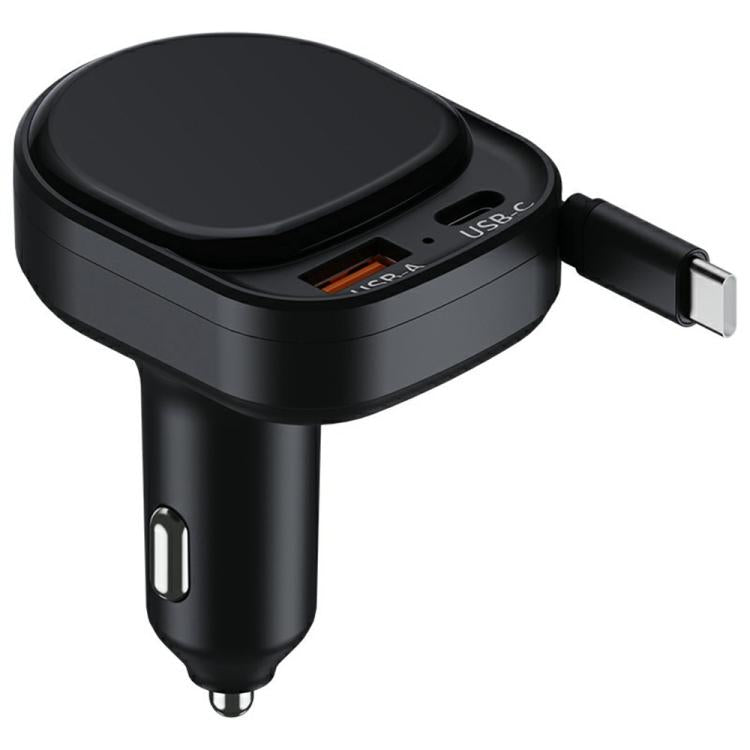 Black car fast charger with retractable USB-C cable and dual charging ports