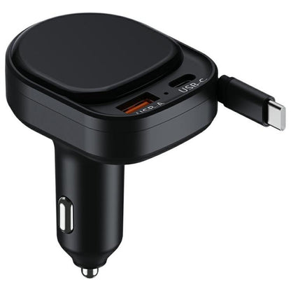 Black car fast charger with retractable USB-C cable and dual charging ports