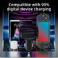 Black dual-port car charger with retractable cable, shown centered on a car interior