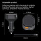 Black dual-port car charger with retractable cable, size diagram view