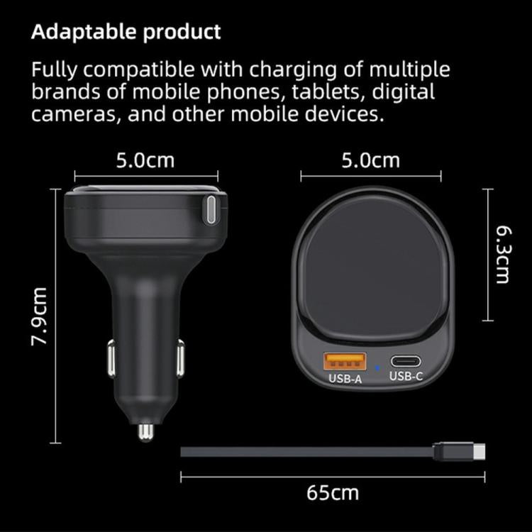 Black dual-port car charger with retractable cable, size diagram view
