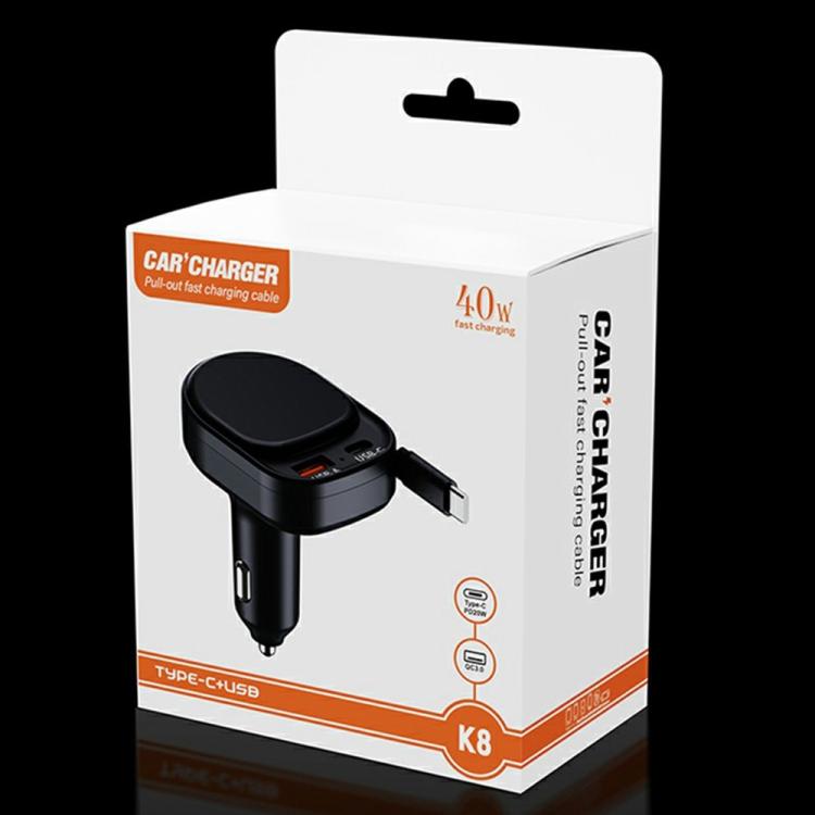 Car charger retail box with black dual-port car charger and retractable Type-C cable