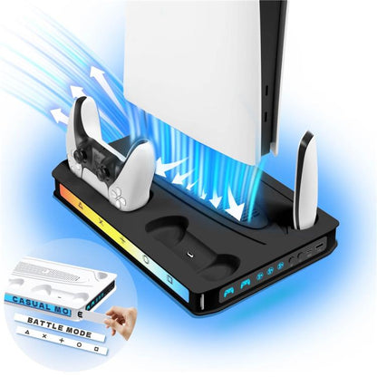 Black gaming console cooling fan base with dual controller stands and charging slots