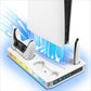 White gaming console cooling fan base with dual controller stands and charging slots