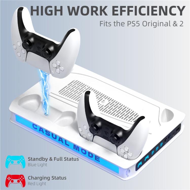 White cooling fan base with stand for controllers and blue status light indicator