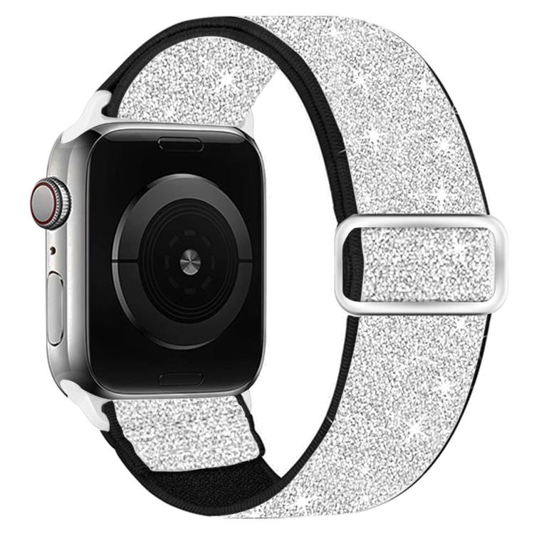 Silver glitter elastic nylon watch band with black edging and silver buckle