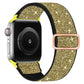 Gold glitter elastic nylon watch band with black edging and rose gold-tone buckle