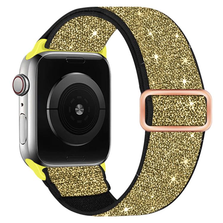 Gold glitter elastic nylon watch band with black edging and rose gold-tone buckle