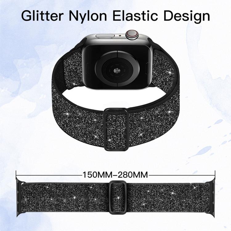 Black glitter elastic nylon Apple Watch band, shown wrapped and flat with adjustable slider.