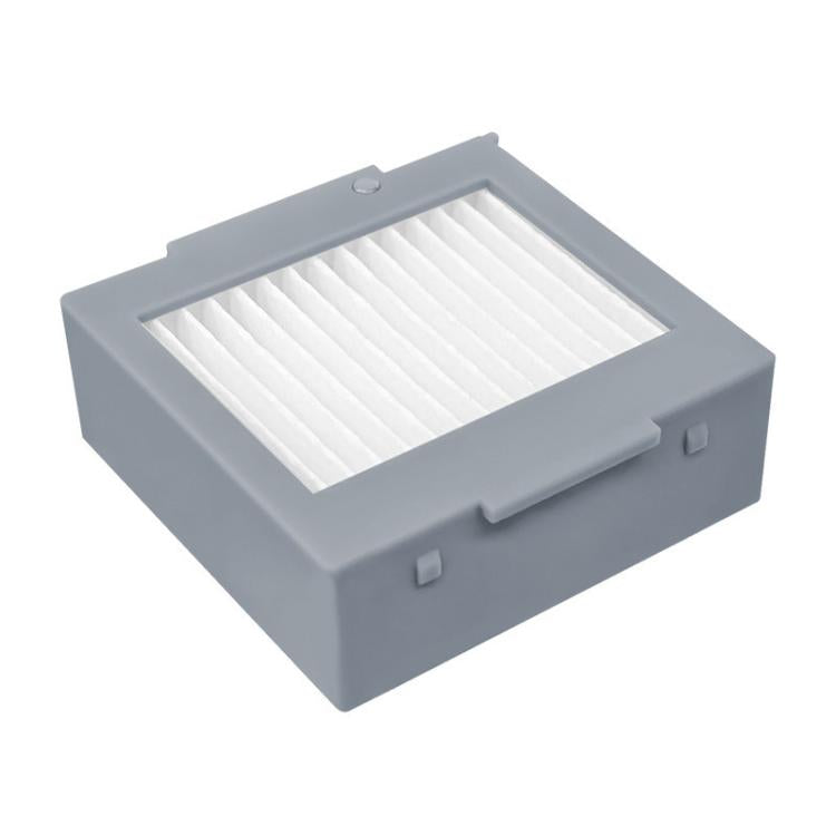 Gray robot vacuum filter with white pleated filter media and rectangular frame