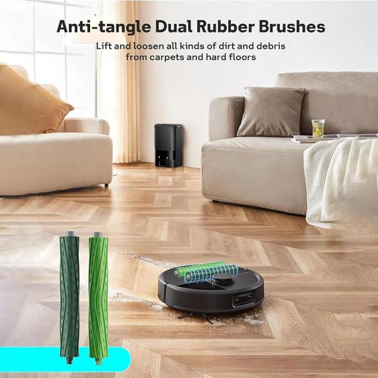 Pair of green robot vacuum roller brushes with anti-tangle bristles