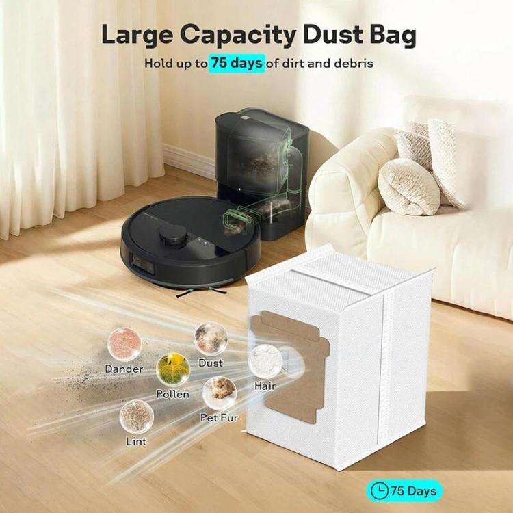 Large capacity robot vacuum dust bag with white housing and brown filter inlet