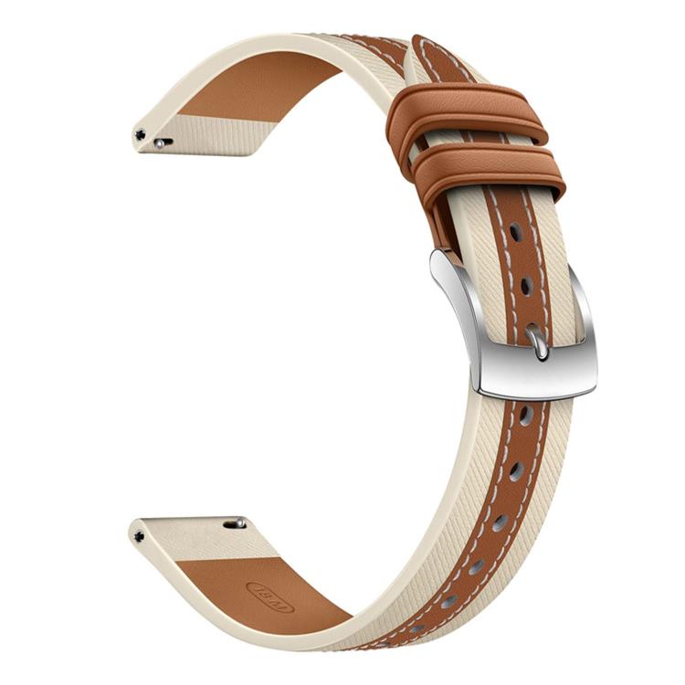 Saddle brown and cream leather watch band with striped detail and silver buckle
